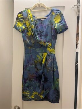Matthew Williamson Blue Floral Mini Dress with Yellow Accents
